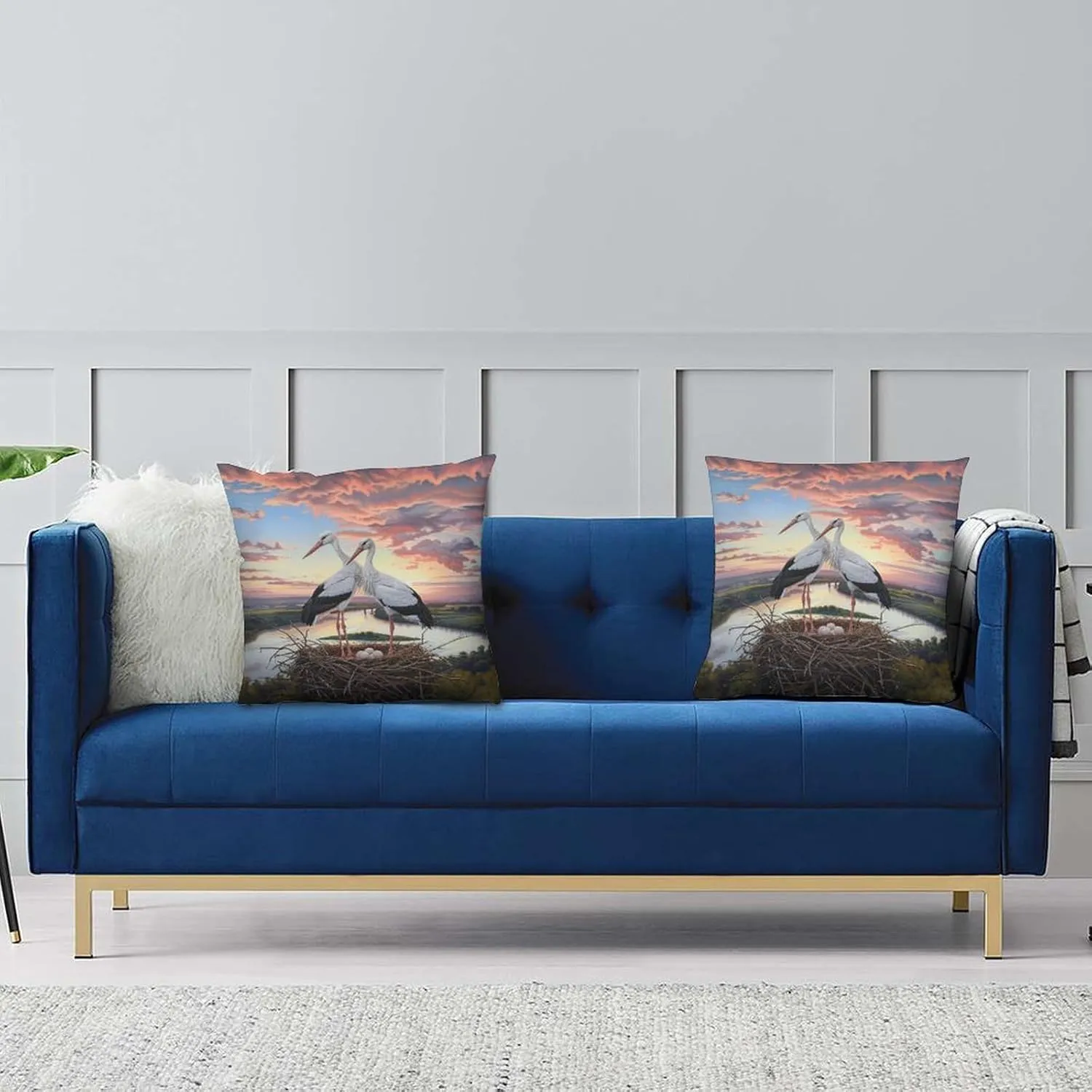 2 Packs Sunset Bird Throw Pillow Covers for Living Room, Cloud Stork Egg Stream Jungle Pillow Covers Cushion Case for Couch Sofa Bed, 16x16 inch