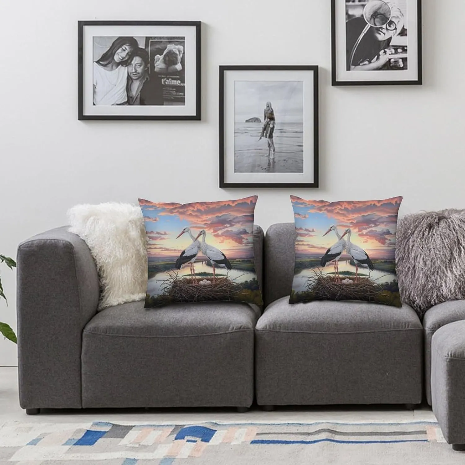 2 Packs Sunset Bird Throw Pillow Covers for Living Room, Cloud Stork Egg Stream Jungle Pillow Covers Cushion Case for Couch Sofa Bed, 16x16 inch