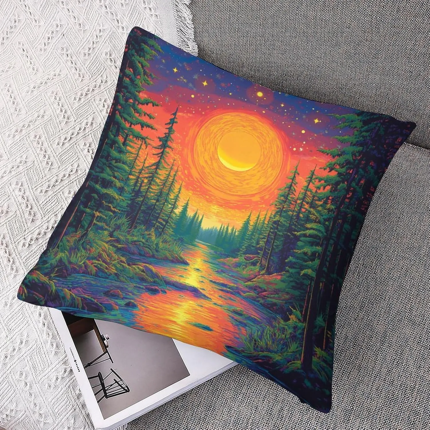 2 Packs Woodland Pine Tree Throw Pillow Covers for Living Room, Fantasy Forest River Starry Pillow Covers Cushion Case for Couch Sofa Bed