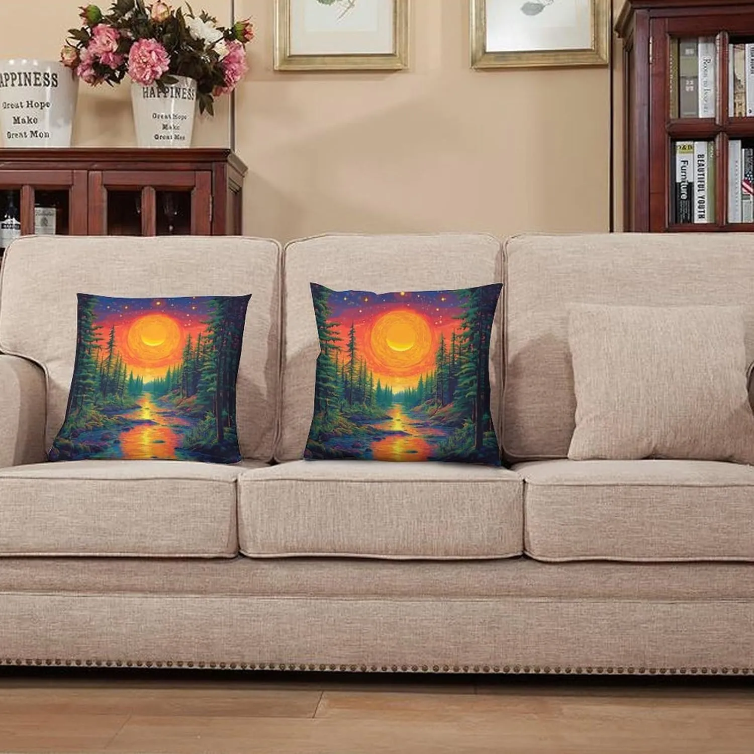 2 Packs Woodland Pine Tree Throw Pillow Covers for Living Room, Fantasy Forest River Starry Pillow Covers Cushion Case for Couch Sofa Bed