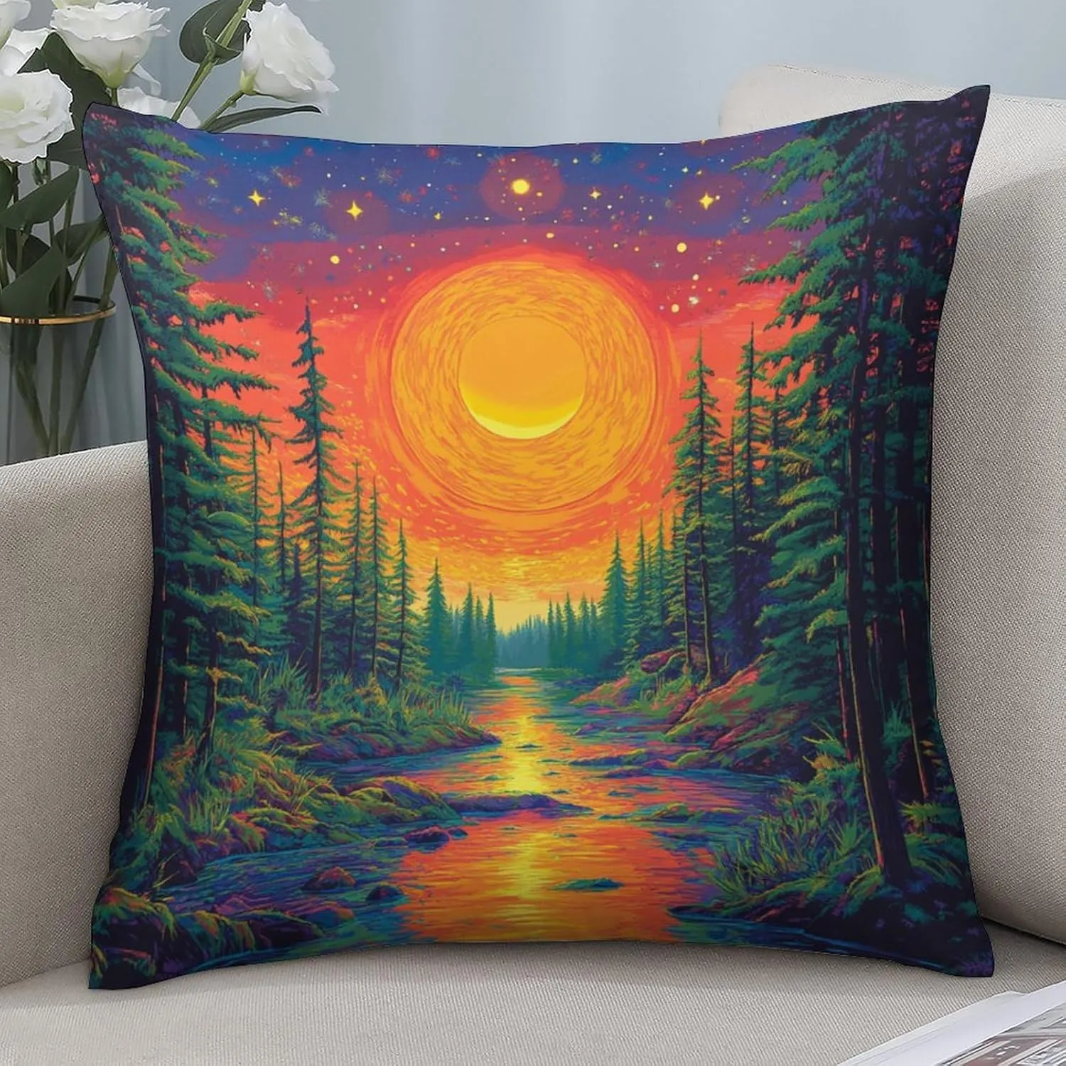 2 Packs Woodland Pine Tree Throw Pillow Covers for Living Room, Fantasy Forest River Starry Pillow Covers Cushion Case for Couch Sofa Bed