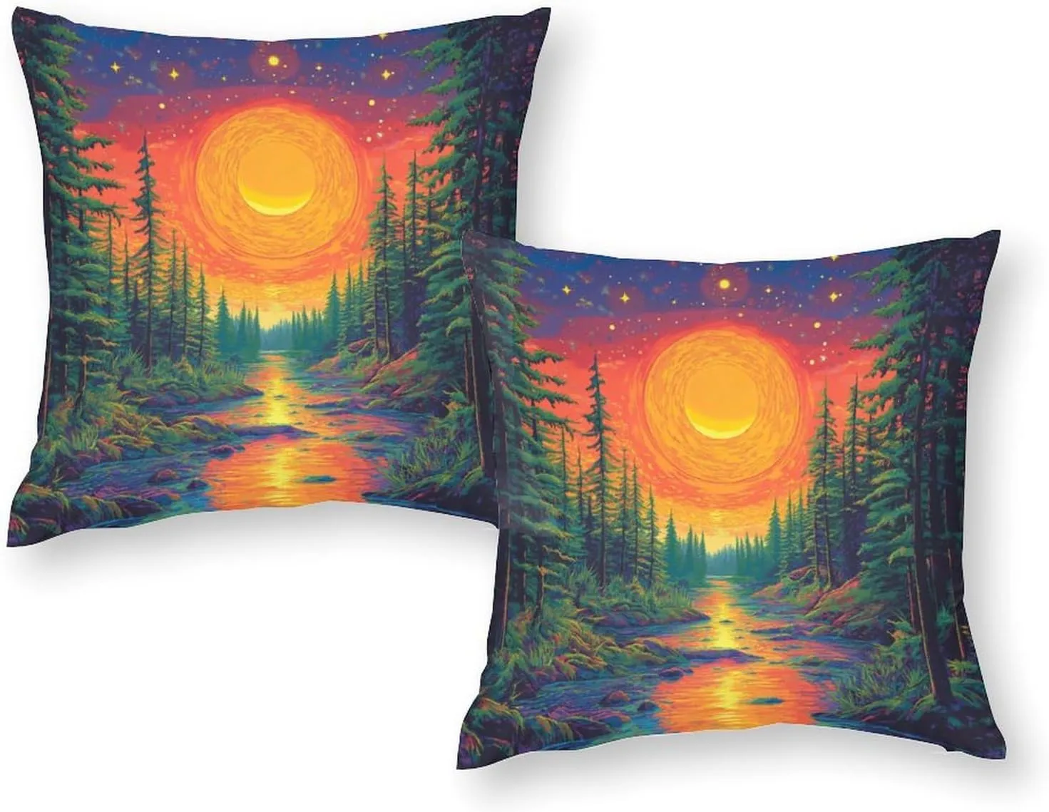 2 Packs Woodland Pine Tree Throw Pillow Covers for Living Room, Fantasy Forest River Starry Pillow Covers Cushion Case for Couch Sofa Bed