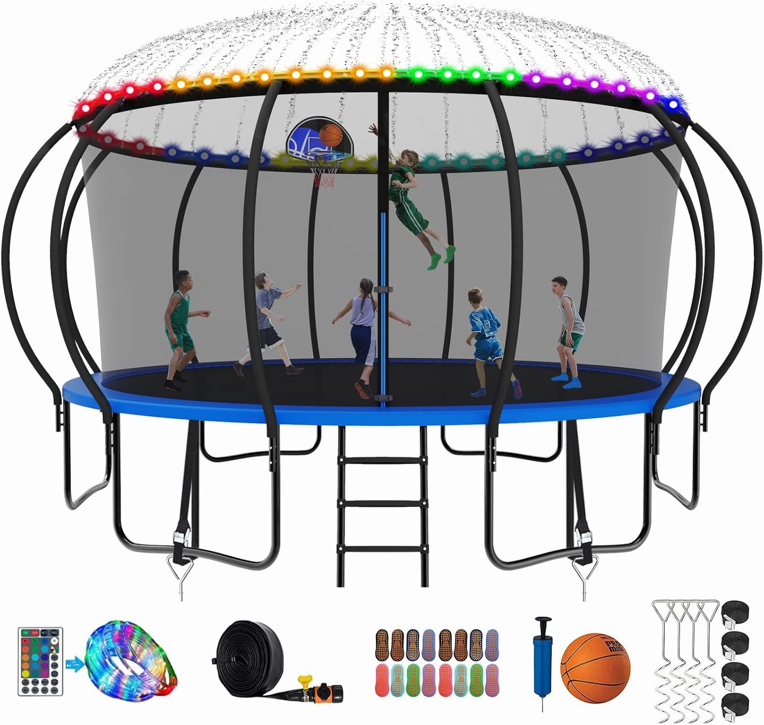 2025 Upgraded 8 10 12 14 15 16 FT 1500lbs Tranpoline for Kids and Adults with Light Sprinkler Socks, Recreational Tranpoline with Basketball Hoop, Ladder, ASTM Approved Tranpoline for 7-10 Kids