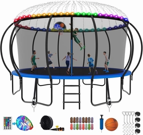 2025 Upgraded 8 10 12 14 15 16 FT 1500lbs Tranpoline for Kids and Adults with Light Sprinkler Socks, Recreational Tranpoline with Basketball Hoop, Ladder, ASTM Approved Tranpoline for 7-10 Kids