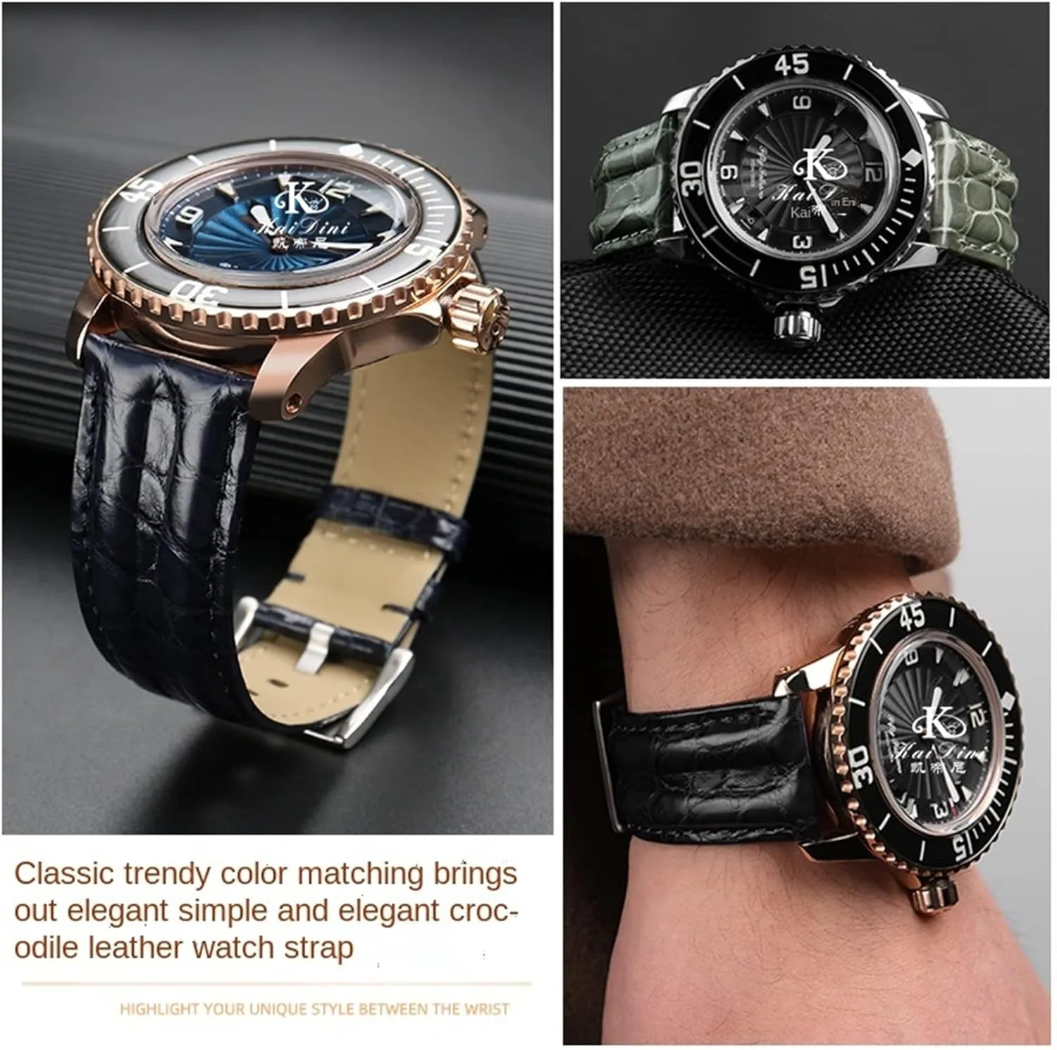 23mm Crocodile Watch Strap Watchband for Blancpain 5000 5015 Fathoms Watch Black Blue Soft Strap Folding Buckle (Color : Black-pin, Size : 23mm)