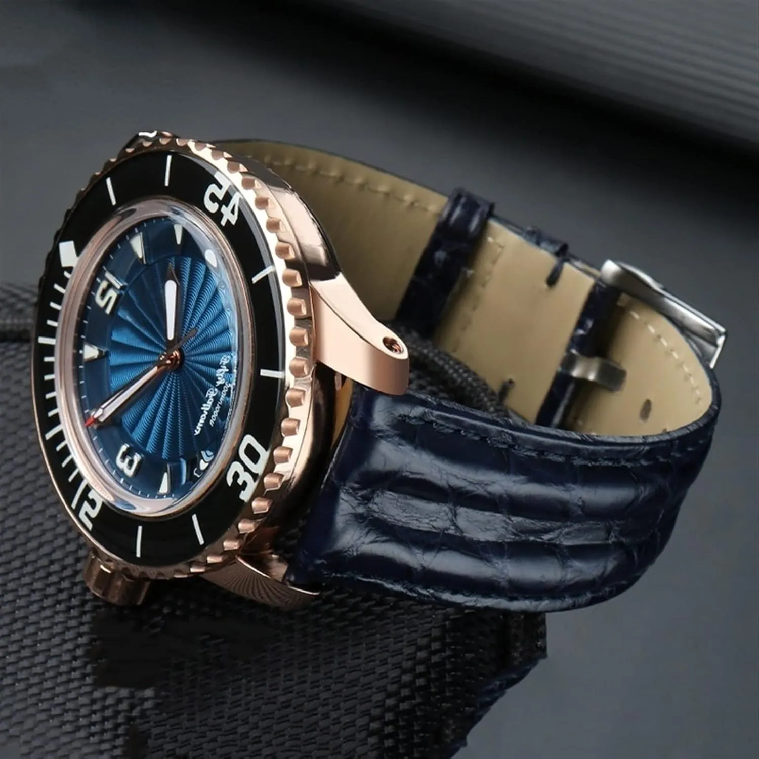 23mm Crocodile Watch Strap Watchband for Blancpain 5000 5015 Fathoms Watch Black Blue Soft Strap Folding Buckle (Color : Black-pin, Size : 23mm)