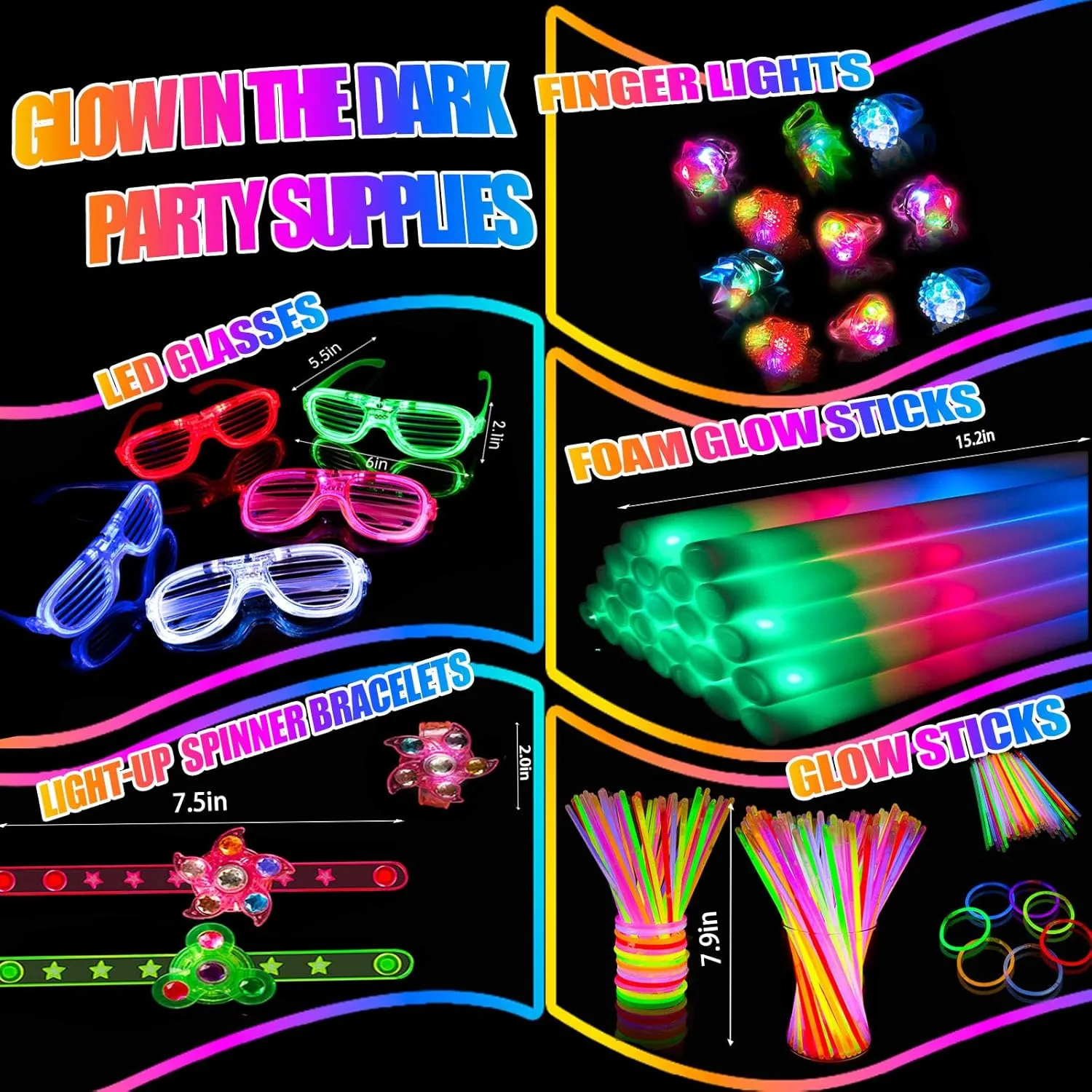 240 PCS Glow in the Dark Party Supplies Party favors,10PCS Foam Glow Sticks, 10PCS LED Glasses, 10PCS Light Up Rings, 10PCS LED Light Up Fidget Spinner Bracelets, 200PCS Glow Sticks Bulk