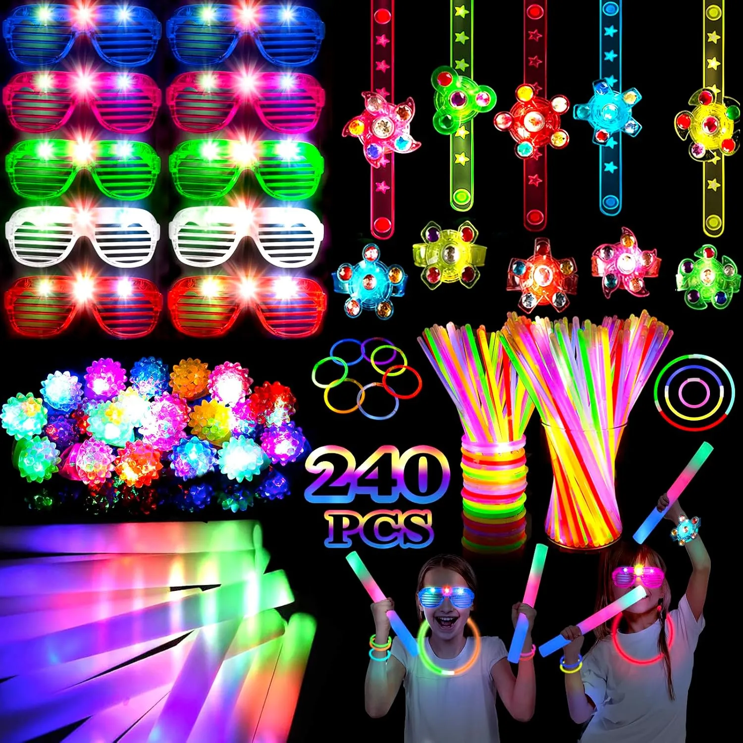 240 PCS Glow in the Dark Party Supplies Party favors,10PCS Foam Glow Sticks, 10PCS LED Glasses, 10PCS Light Up Rings, 10PCS LED Light Up Fidget Spinner Bracelets, 200PCS Glow Sticks Bulk