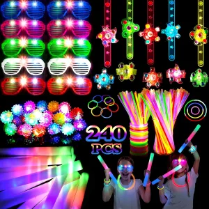240 PCS Glow in the Dark Party Supplies Party favors,10PCS Foam Glow Sticks, 10PCS LED Glasses, 10PCS Light Up Rings, 10PCS LED Light Up Fidget Spinner Bracelets, 200PCS Glow Sticks Bulk