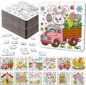 24 Pack Easter Color Your Own Jigsaw Puzzles for Kids Mini Easter Bunny Puzzles Bulk DIY Coloring Paper Jigsaw Party Favors Gifts Exchange Classroom Activities Home Educational Game Toy
