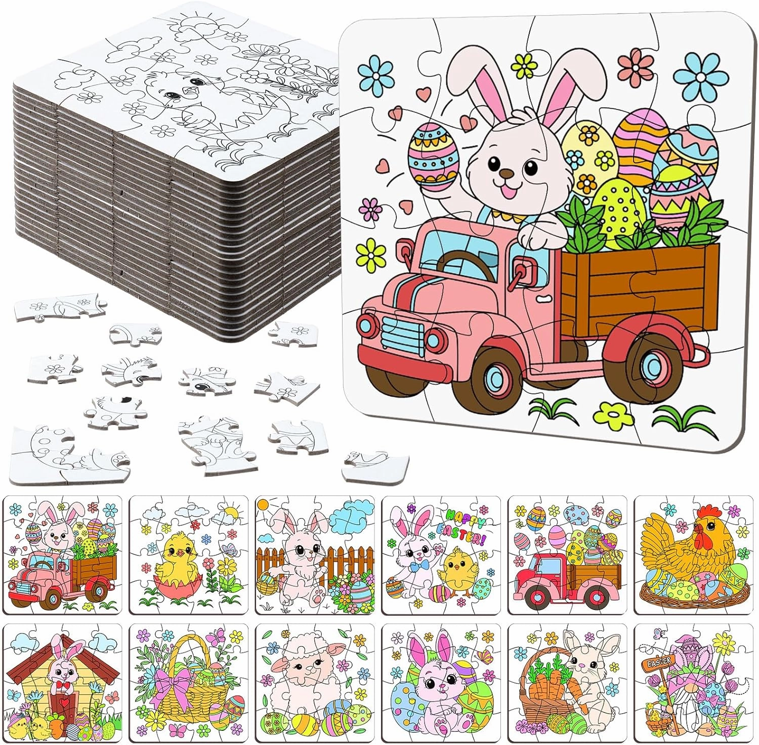 24 Pack Easter Color Your Own Jigsaw Puzzles for Kids Mini Easter Bunny Puzzles Bulk DIY Coloring Paper Jigsaw Party Favors Gifts Exchange Classroom Activities Home Educational Game Toy