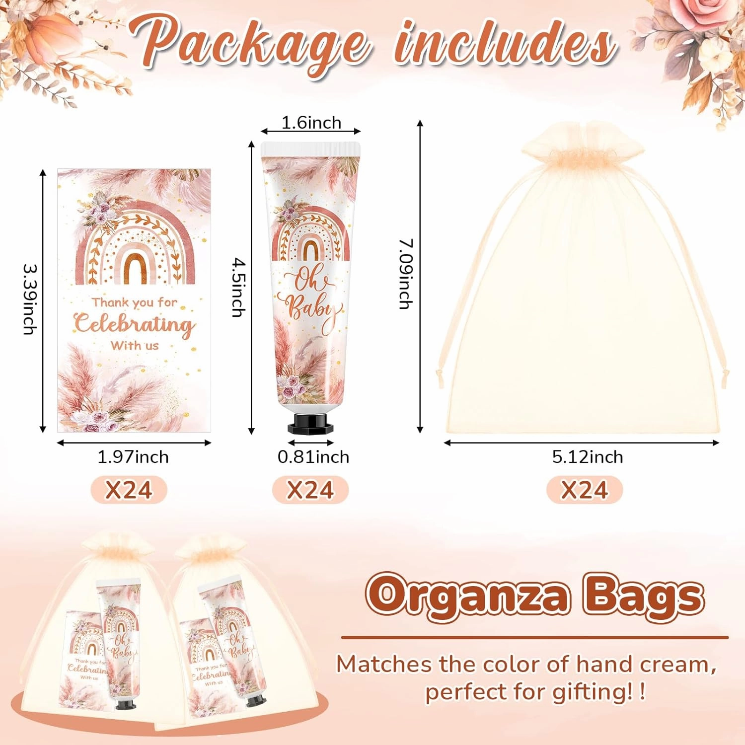 24 Sets Baby Shower Hand Cream Bulk Boho Baby Shower Favors Bridal Thank You Appreciation Hand Cream for Guests Travel Size Lotion with Organza Bags