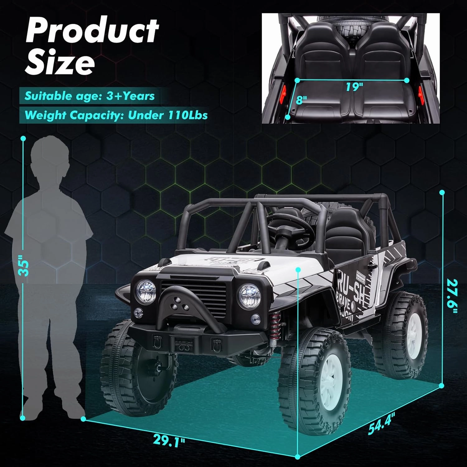 24V 2-Seater Kids Ride-On Car Truck with Remote Control – Electric Vehicle Featuring 19" Extra Wide Seat, Dual Powerful Motors, Soft Brake, Led Lights, Spring Suspension, Music,White