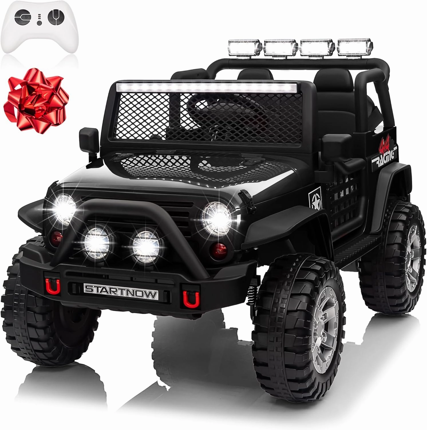 24V 4WD 2 Seater Ride on Car Power 4 Wheels w/4X200W Motor, Remote Control, 3 Speeds, Bluetooth Music, Spring Suspension, Electric Car for Big Kids Boys Girls, 24 Volt Truck, Black