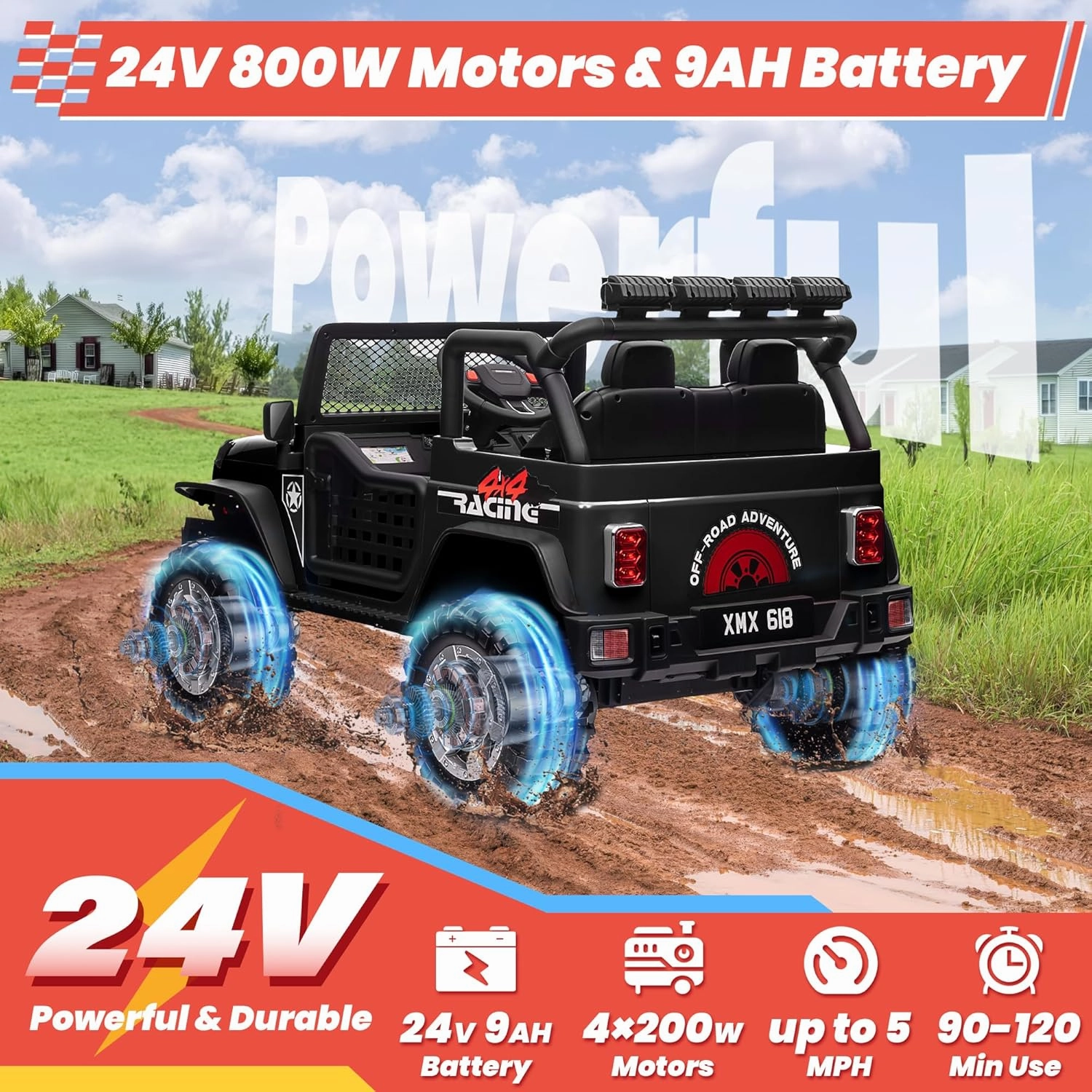 24V 4WD 2 Seater Ride on Car Power 4 Wheels w/4X200W Motor, Remote Control, 3 Speeds, Bluetooth Music, Spring Suspension, Electric Car for Big Kids Boys Girls, 24 Volt Truck, Black
