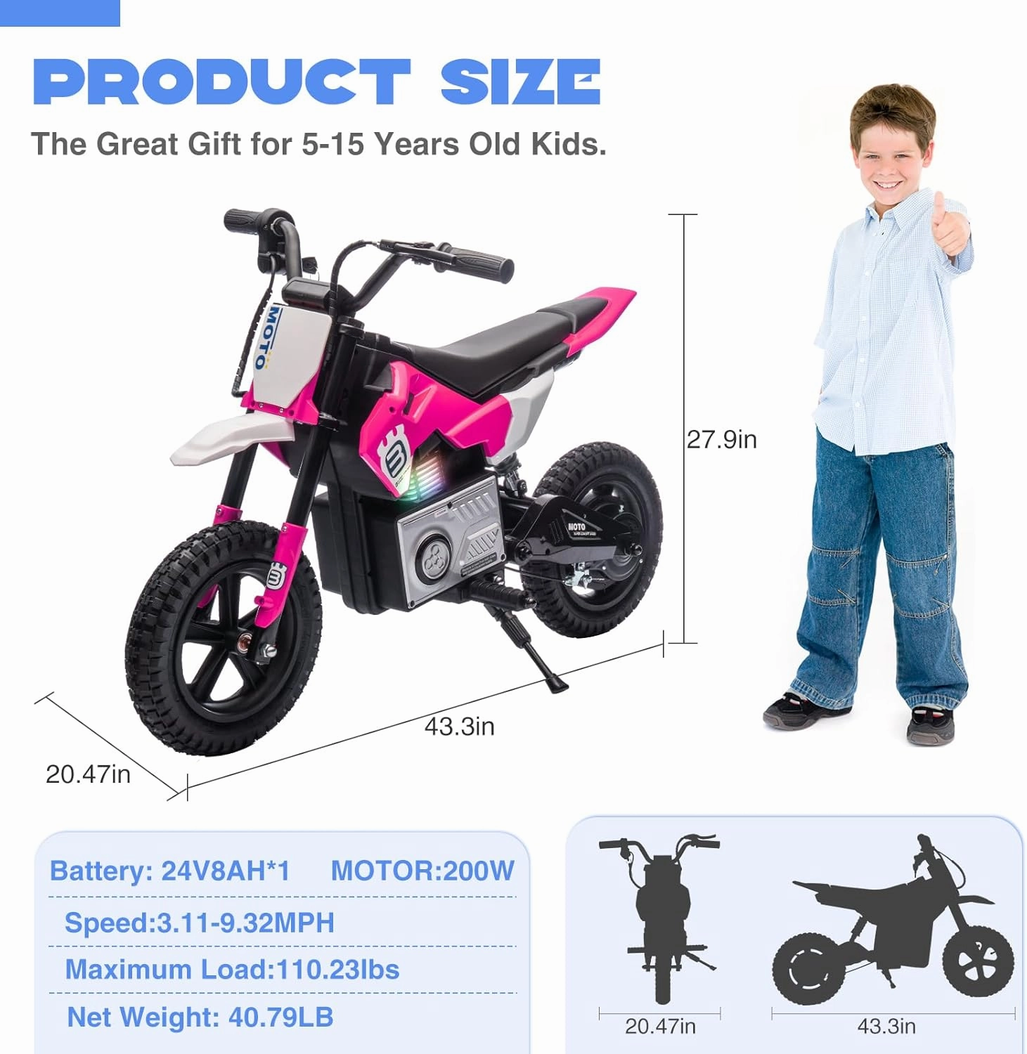 24V Kids Electric Dirt Bike for 5-15 Years Old, Ride on E Motorcycle, 3.11-9.32MPH Speed, Rear Shock Absorber, LED Breath Lamp, Bluetooth for Boys Girls Children Electria Toy Gift, Pink
