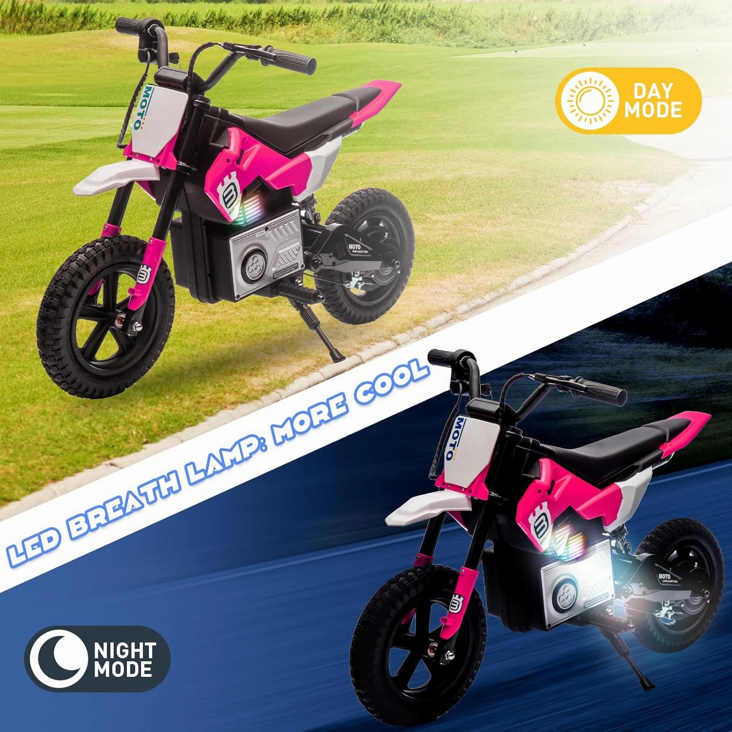 24V Kids Electric Dirt Bike for 5-15 Years Old, Ride on E Motorcycle, 3.11-9.32MPH Speed, Rear Shock Absorber, LED Breath Lamp, Bluetooth for Boys Girls Children Electria Toy Gift, Pink