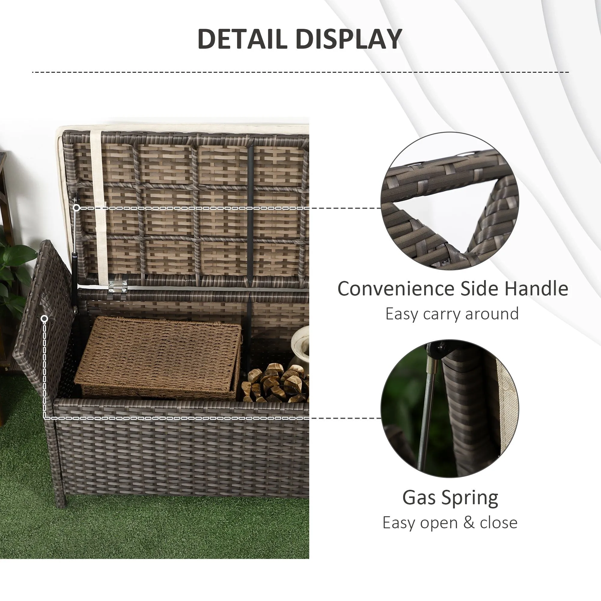 27 Gallon Outdoor Wicker Storage Bench with Handles and Cushion, Cream White