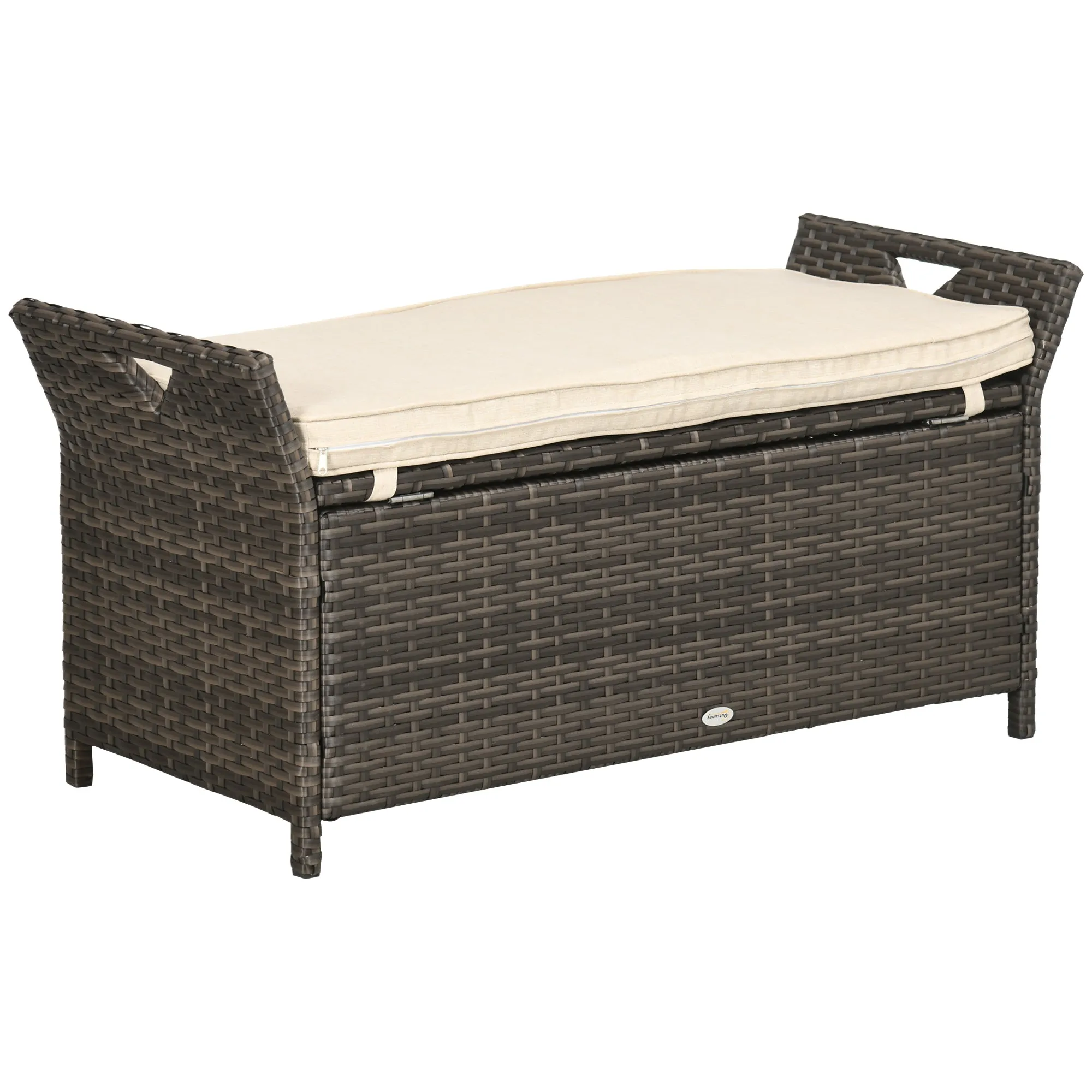 27 Gallon Outdoor Wicker Storage Bench with Handles and Cushion, Cream White