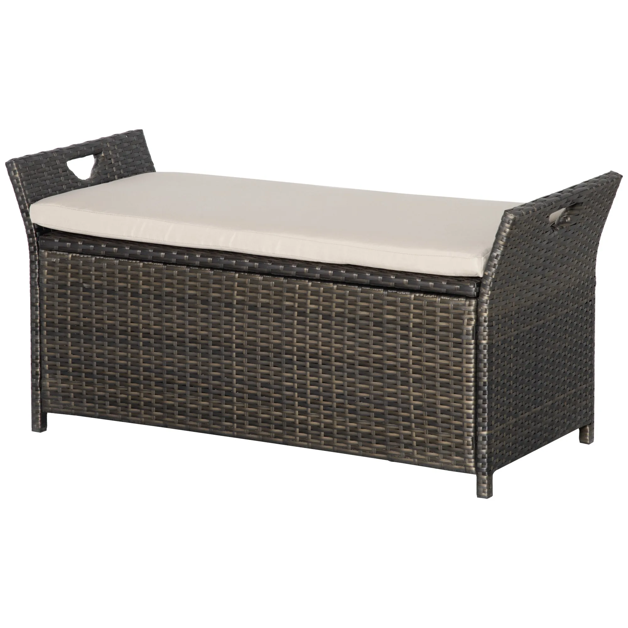 27 Gallon Outdoor Wicker Storage Bench with Handles and Cushion, Cream White