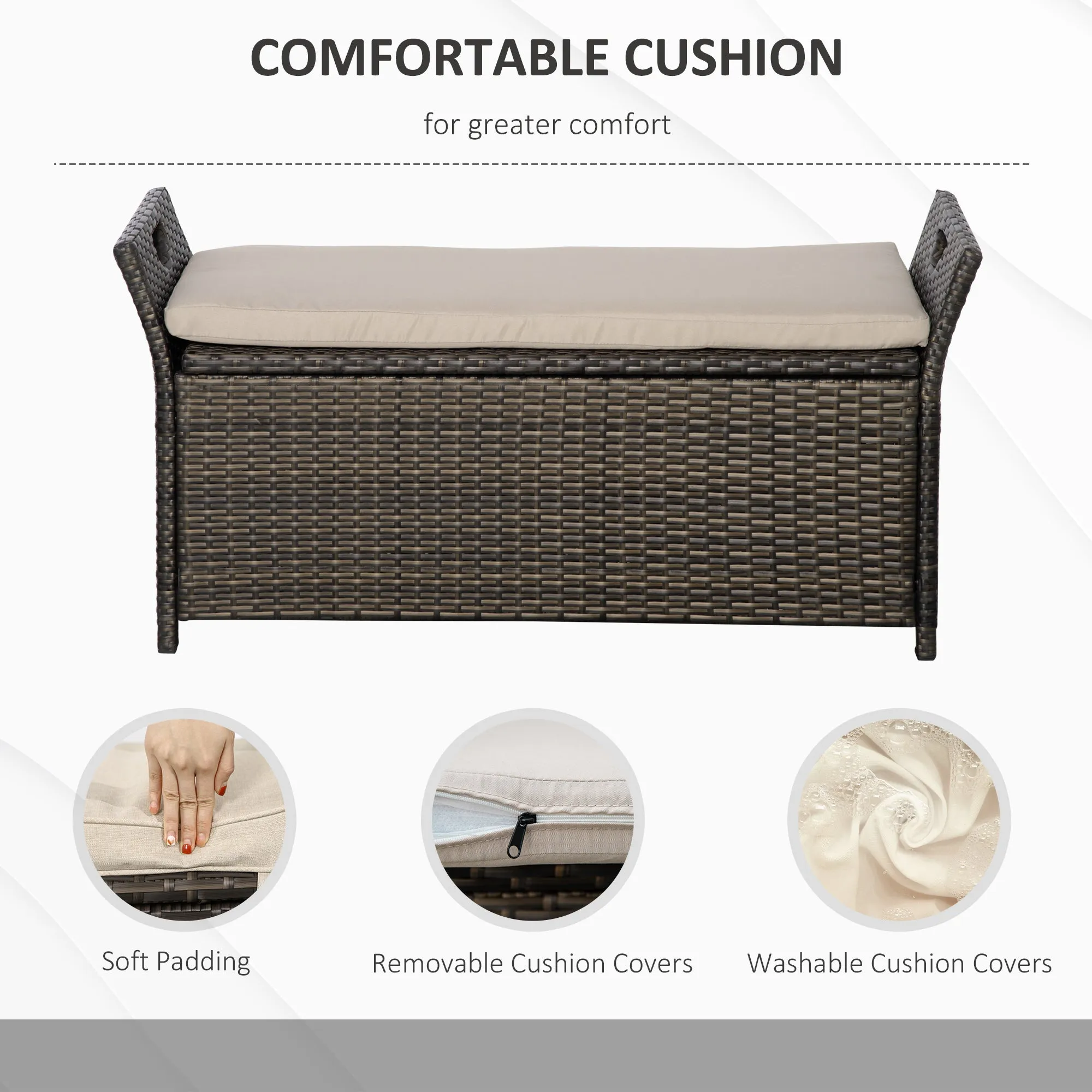 27 Gallon Outdoor Wicker Storage Bench with Handles and Cushion, Cream White