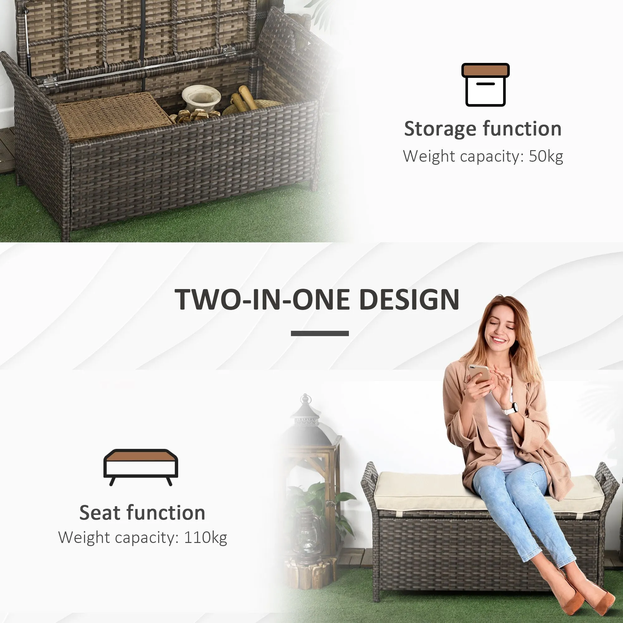 27 Gallon Outdoor Wicker Storage Bench with Handles and Cushion, Cream White