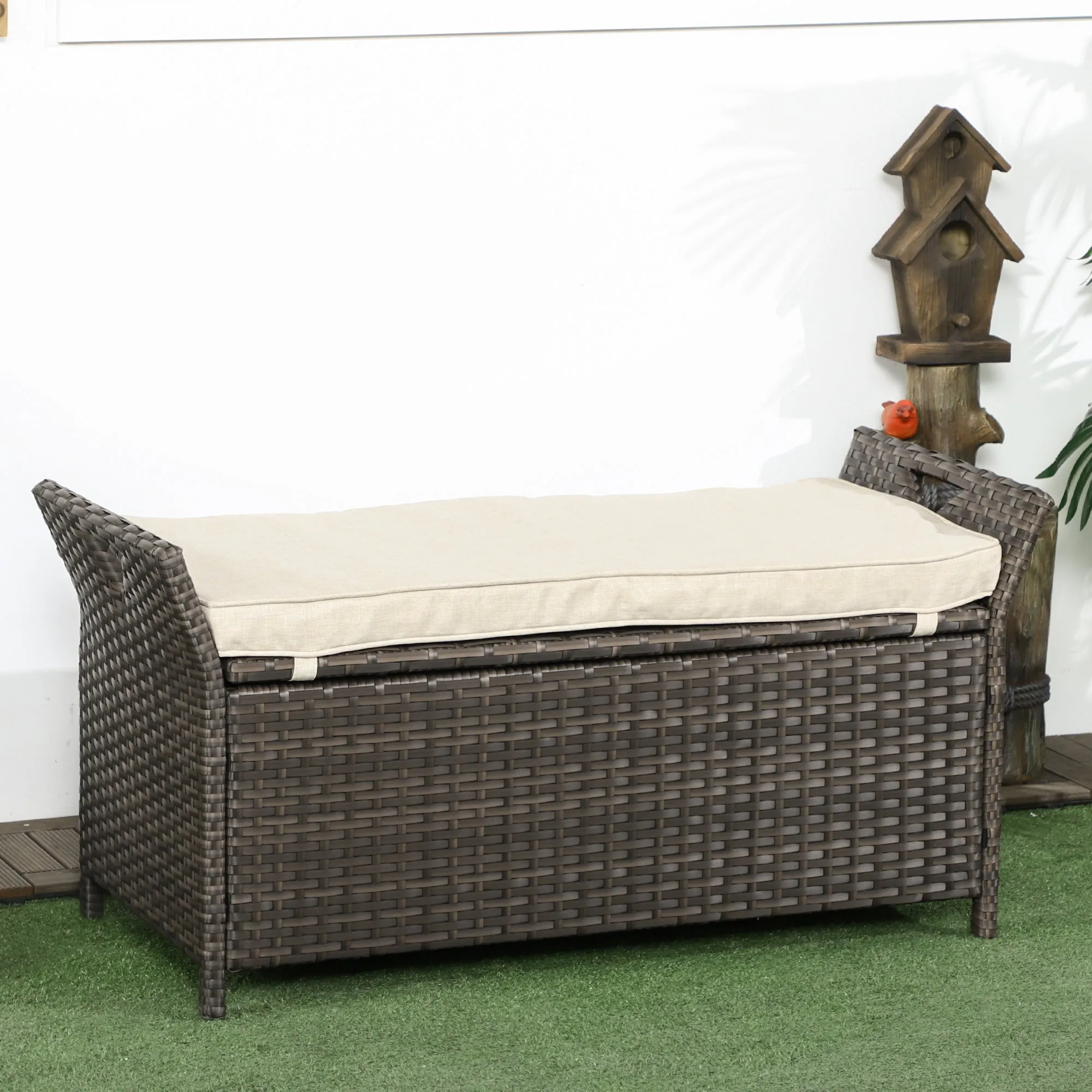 27 Gallon Outdoor Wicker Storage Bench with Handles and Cushion, Cream White