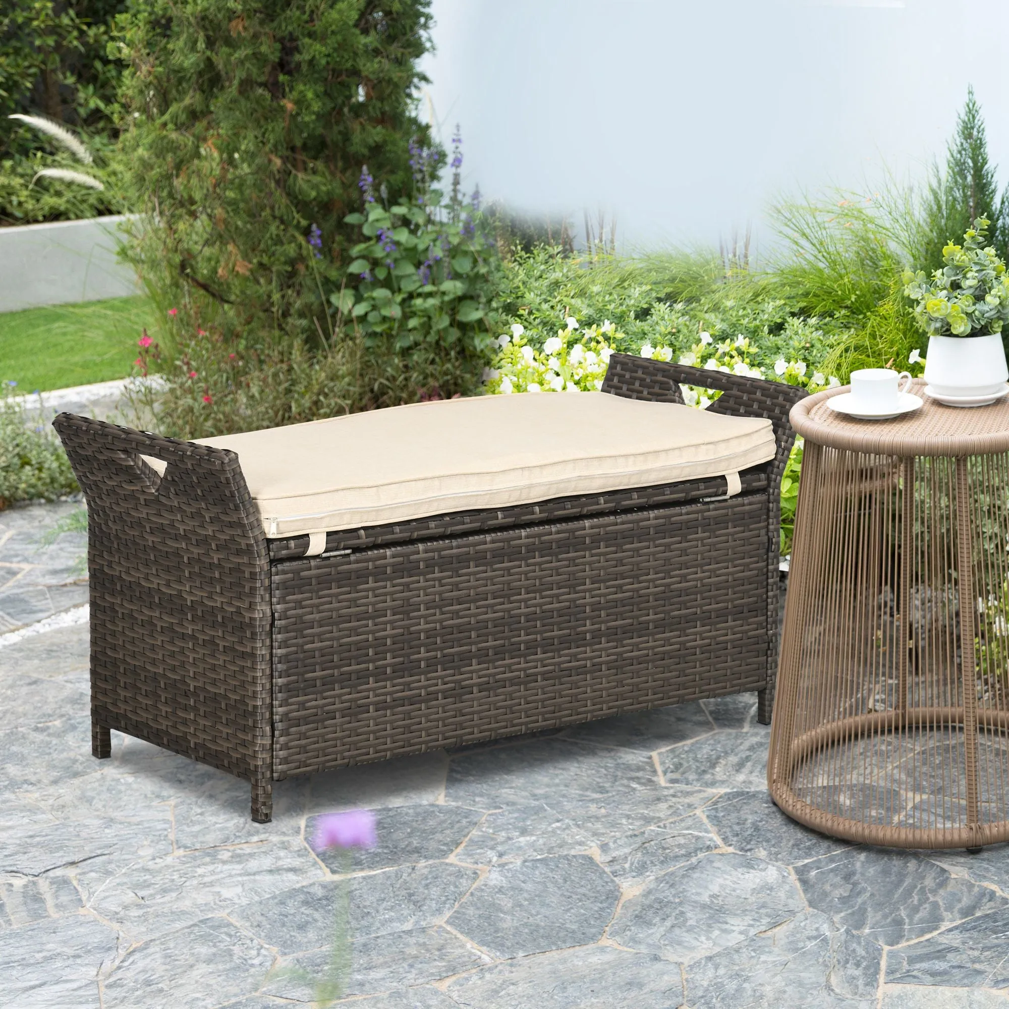 27 Gallon Outdoor Wicker Storage Bench with Handles and Cushion, Cream White