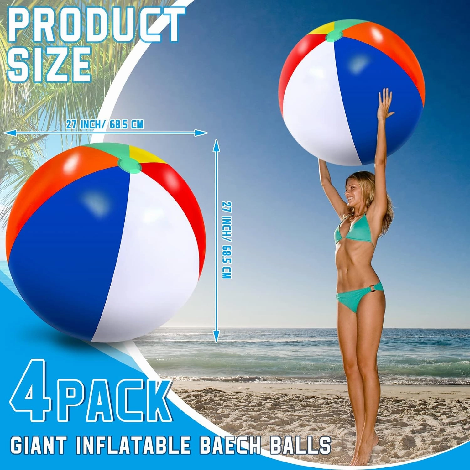 27 Inch Rainbow Beach Balls Giant Inflatable Large Pool Beach Balls Inflatable Swimming Pool Toys for Summer Water Games(4 Pcs)