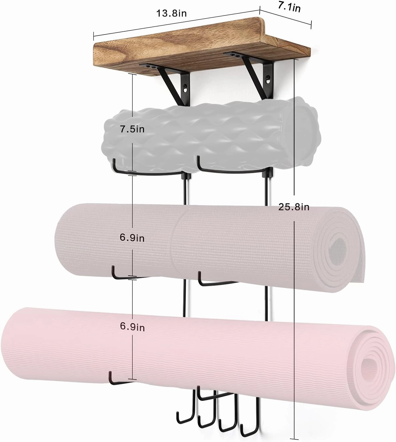 2 PACK Yoga Mat Holder Wall Mount Yoga Mat Storage Shelf Rack Home Gym Accessories with Wood Floating Shelves and 4 Hooks for Hanging Foam Roller and Resistance Bands Home Gym Carbonized Black
