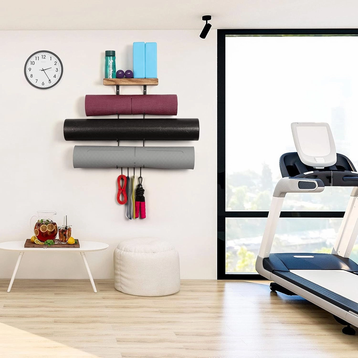 2 PACK Yoga Mat Holder Wall Mount Yoga Mat Storage Shelf Rack Home Gym Accessories with Wood Floating Shelves and 4 Hooks for Hanging Foam Roller and Resistance Bands Home Gym Carbonized Black