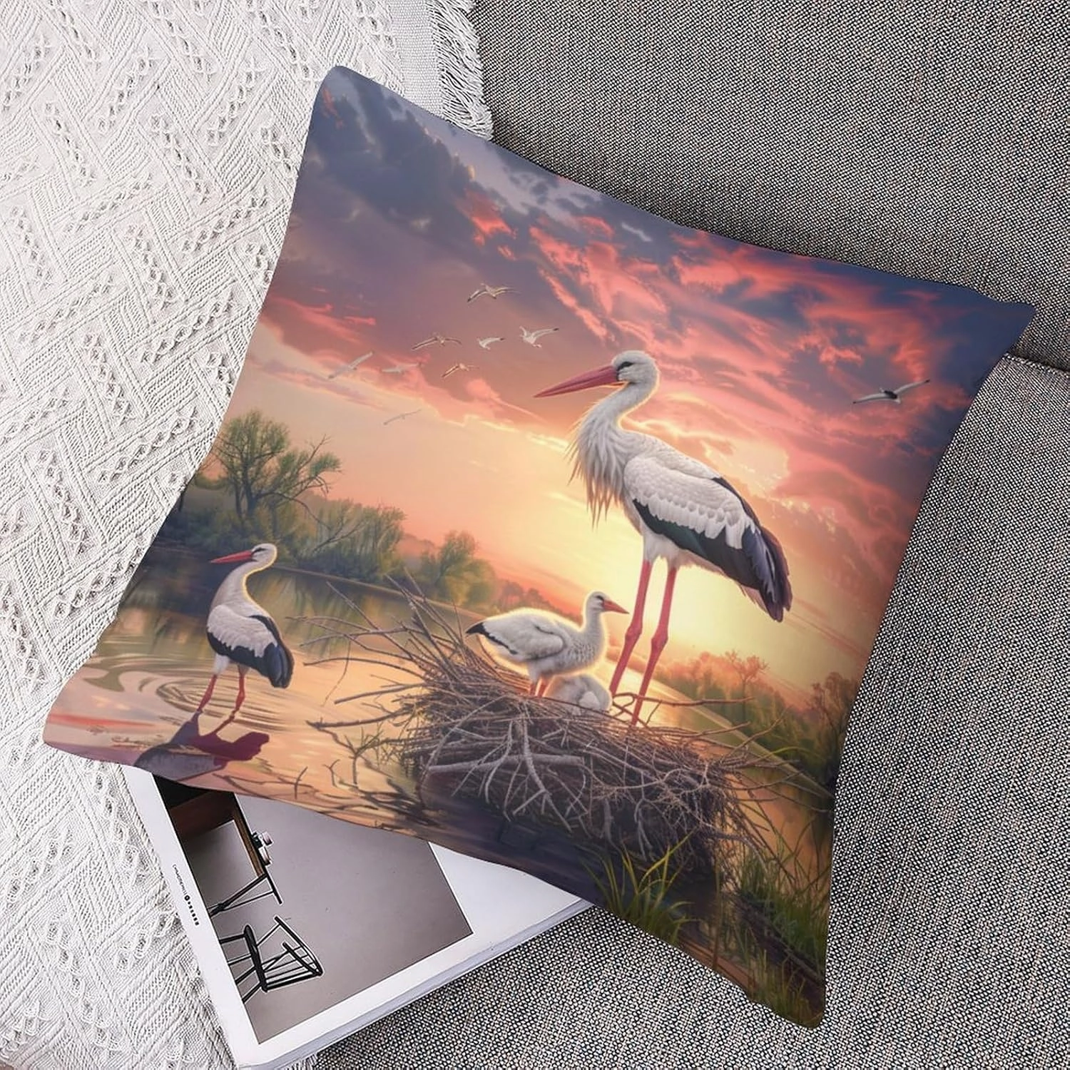 2 Packs Elegant Stork Throw Pillow Covers for Living Room, Sunset Sky Lake Bird Forest Pillow Covers Cushion Case for Couch Sofa Bed, 16x16 inch