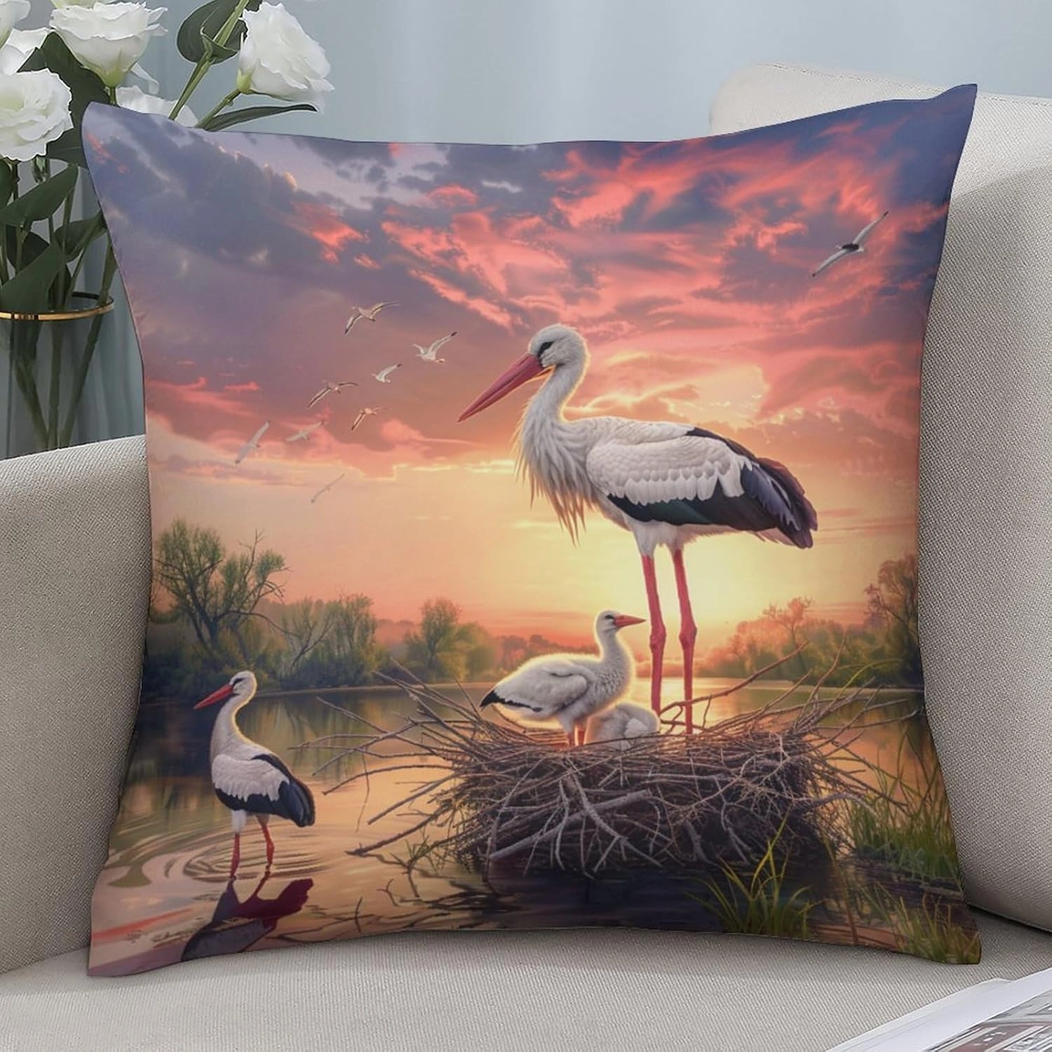 2 Packs Elegant Stork Throw Pillow Covers for Living Room, Sunset Sky Lake Bird Forest Pillow Covers Cushion Case for Couch Sofa Bed, 16x16 inch
