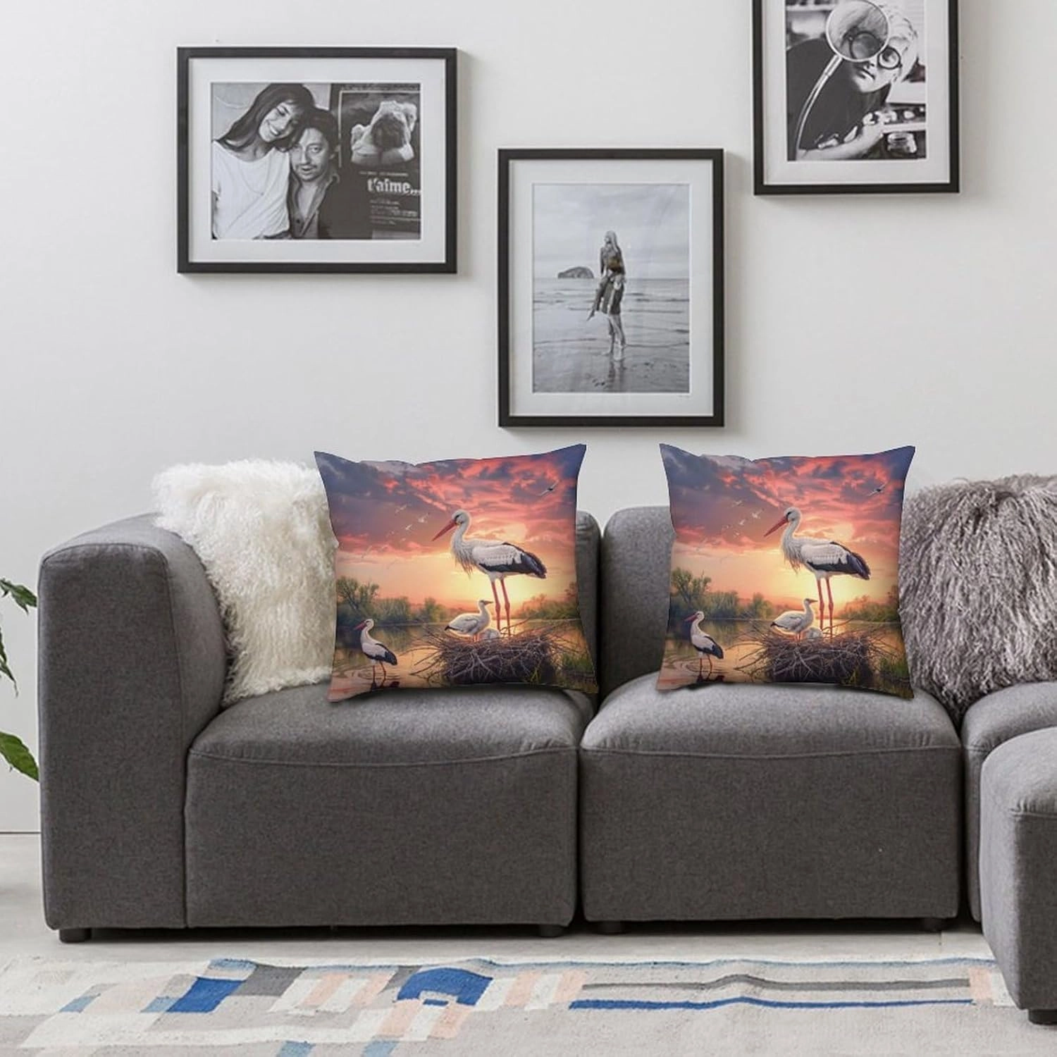 2 Packs Elegant Stork Throw Pillow Covers for Living Room, Sunset Sky Lake Bird Forest Pillow Covers Cushion Case for Couch Sofa Bed, 16x16 inch