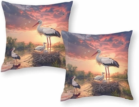 2 Packs Elegant Stork Throw Pillow Covers for Living Room, Sunset Sky Lake Bird Forest Pillow Covers Cushion Case for Couch Sofa Bed, 16x16 inch