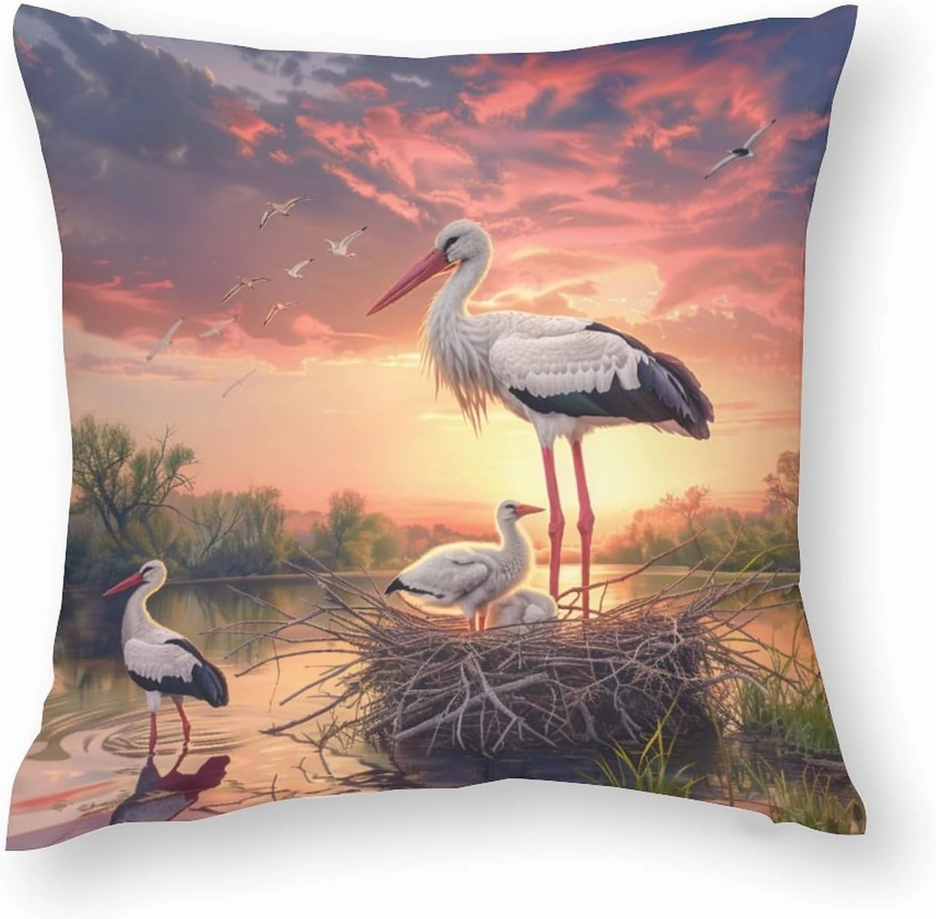2 Packs Elegant Stork Throw Pillow Covers for Living Room, Sunset Sky Lake Bird Forest Pillow Covers Cushion Case for Couch Sofa Bed, 16x16 inch