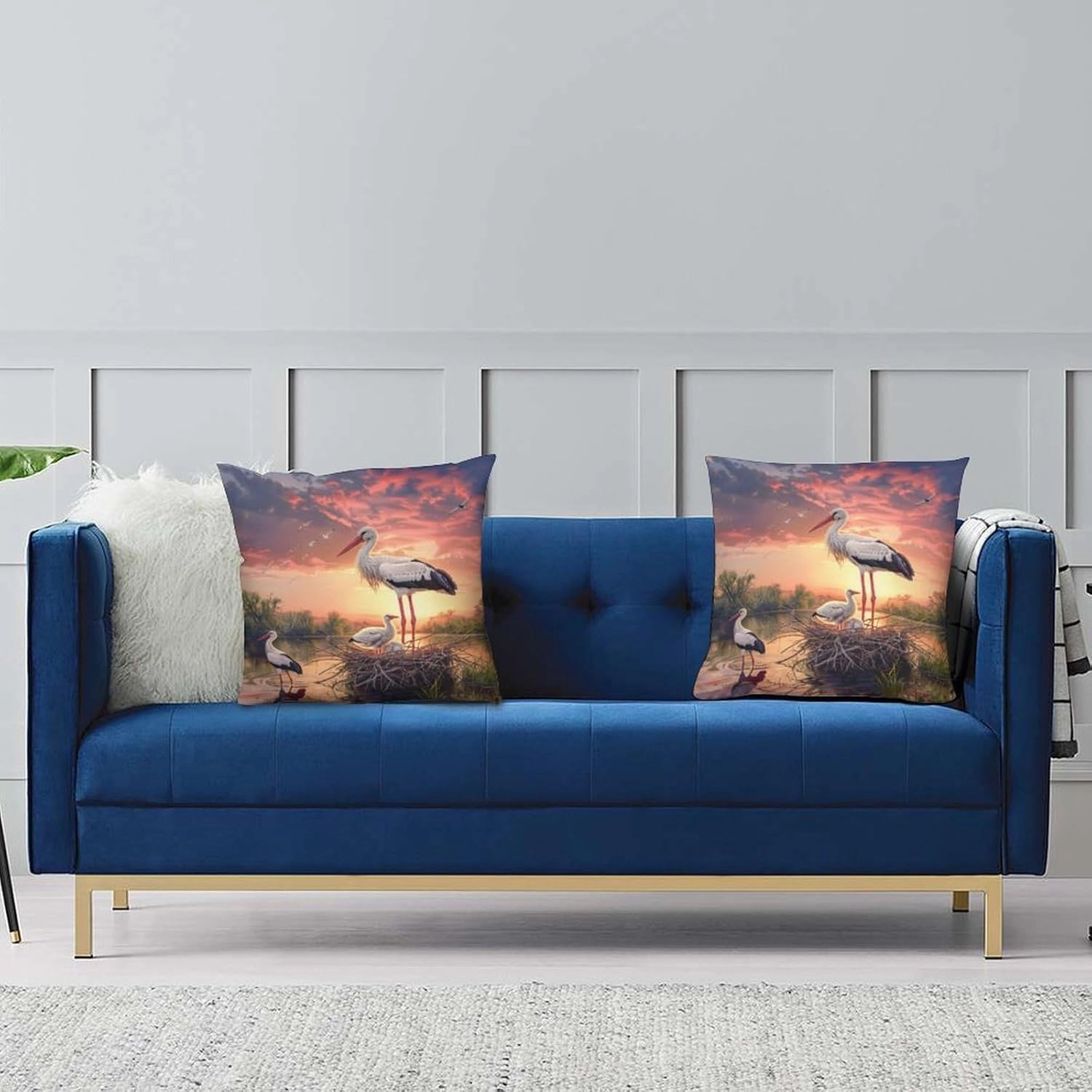 2 Packs Elegant Stork Throw Pillow Covers for Living Room, Sunset Sky Lake Bird Forest Pillow Covers Cushion Case for Couch Sofa Bed, 16x16 inch