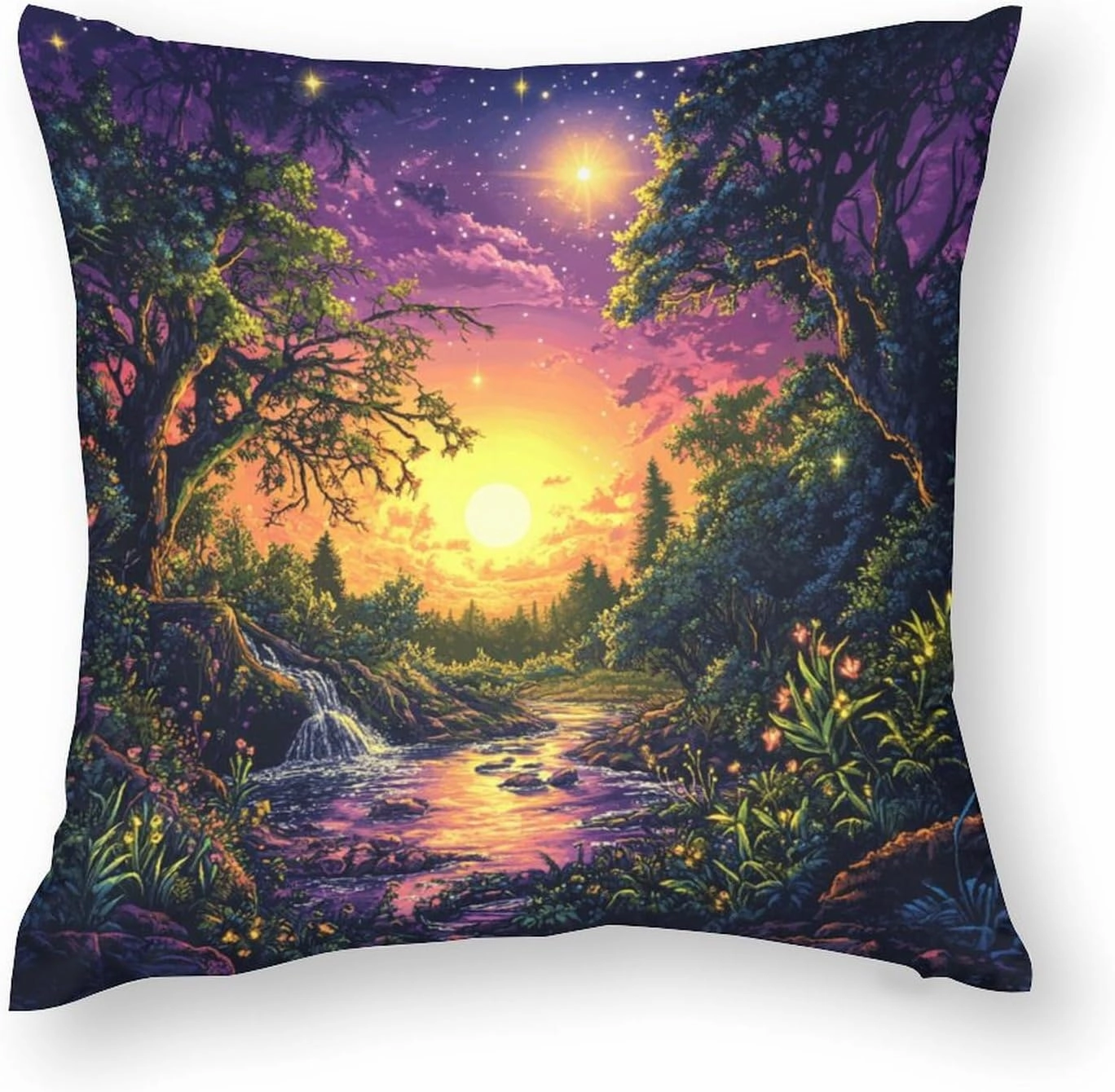 2 Packs Fantasy Forest Stream Throw Pillow Covers for Living Room, Moon Star River Scenery Pillow Covers Cushion Case for Couch Sofa Bed