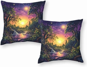 2 Packs Fantasy Forest Stream Throw Pillow Covers for Living Room, Moon Star River Scenery Pillow Covers Cushion Case for Couch Sofa Bed