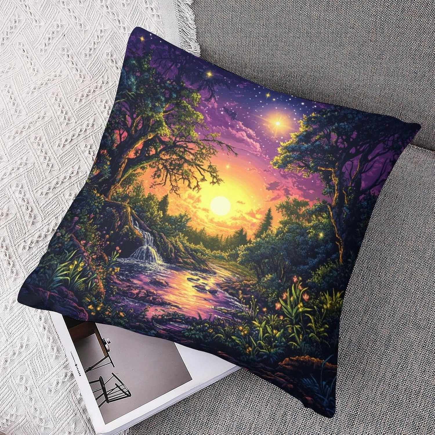 2 Packs Fantasy Forest Stream Throw Pillow Covers for Living Room, Moon Star River Scenery Pillow Covers Cushion Case for Couch Sofa Bed