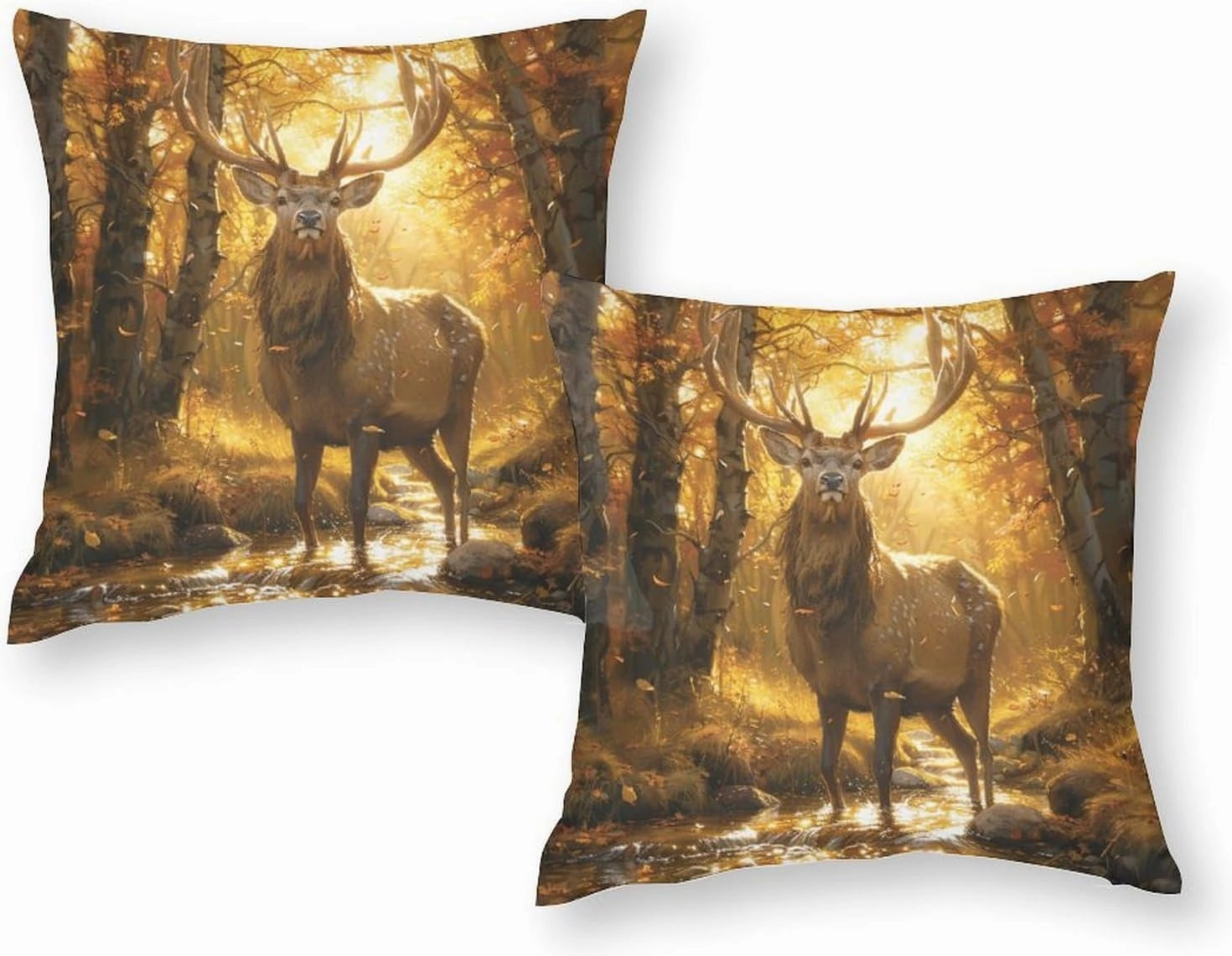 2 Packs Forest Animal Deer Throw Pillow Covers for Living Room, Funny Elk Jungle Stream Pillow Covers Cushion Case for Couch Sofa Bed, 20x20 inch