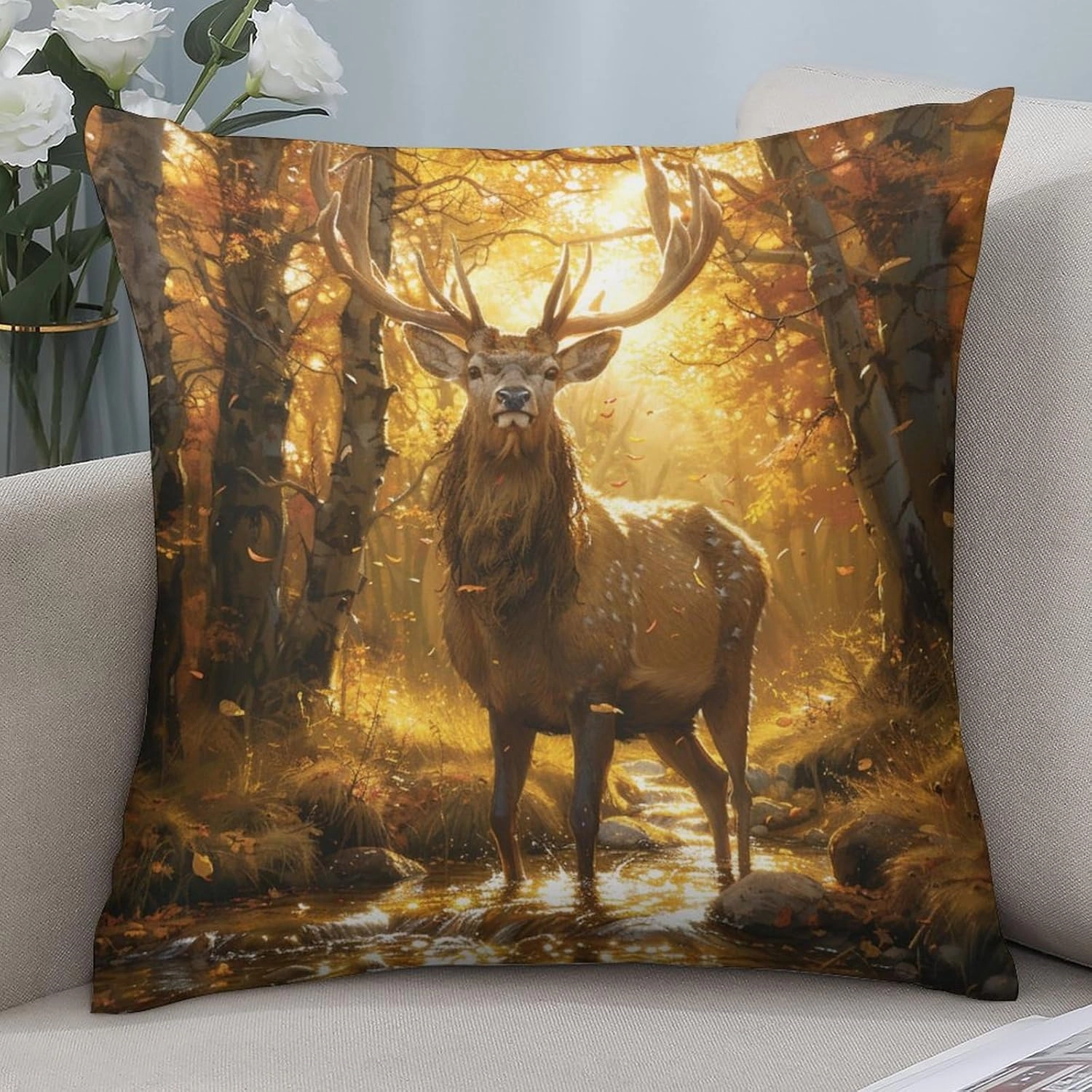 2 Packs Forest Animal Deer Throw Pillow Covers for Living Room, Funny Elk Jungle Stream Pillow Covers Cushion Case for Couch Sofa Bed, 20x20 inch