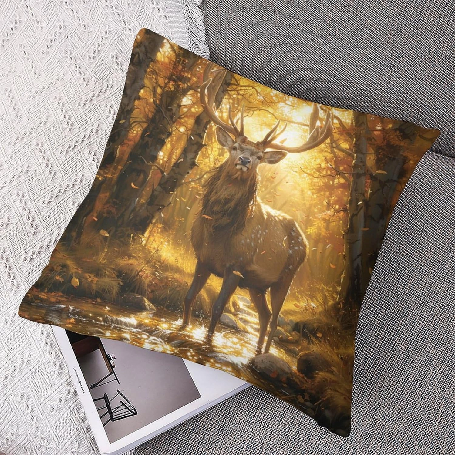2 Packs Forest Animal Deer Throw Pillow Covers for Living Room, Funny Elk Jungle Stream Pillow Covers Cushion Case for Couch Sofa Bed, 20x20 inch