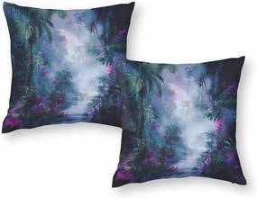 2 Packs Misty Forest Scenery Throw Pillow Covers for Living Room, Floral Palm Tree River Path Pillow Covers Cushion Case for Couch Sofa Bed, 20x20 inch