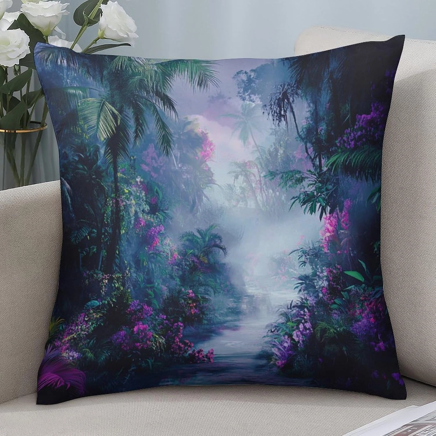 2 Packs Misty Forest Scenery Throw Pillow Covers for Living Room, Floral Palm Tree River Path Pillow Covers Cushion Case for Couch Sofa Bed, 20x20 inch
