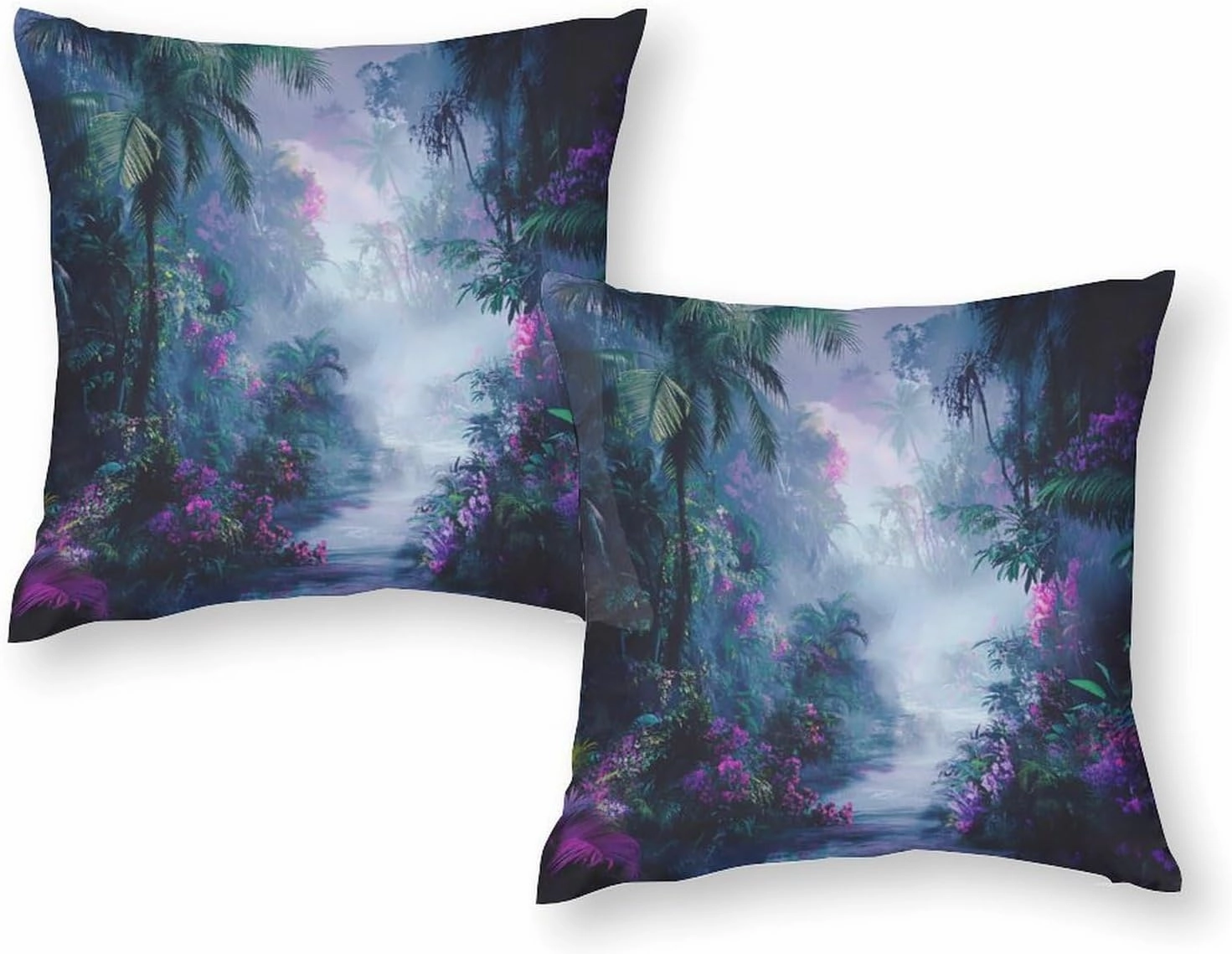 2 Packs Misty Forest Scenery Throw Pillow Covers for Living Room, Floral Palm Tree River Path Pillow Covers Cushion Case for Couch Sofa Bed, 20x20 inch
