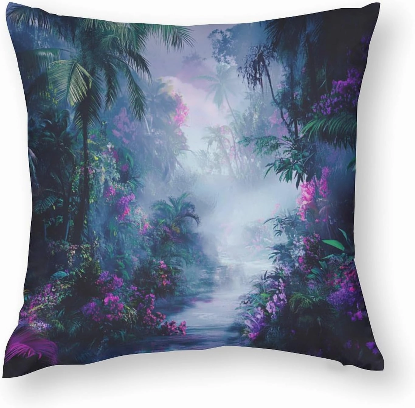 2 Packs Misty Forest Scenery Throw Pillow Covers for Living Room, Floral Palm Tree River Path Pillow Covers Cushion Case for Couch Sofa Bed, 20x20 inch