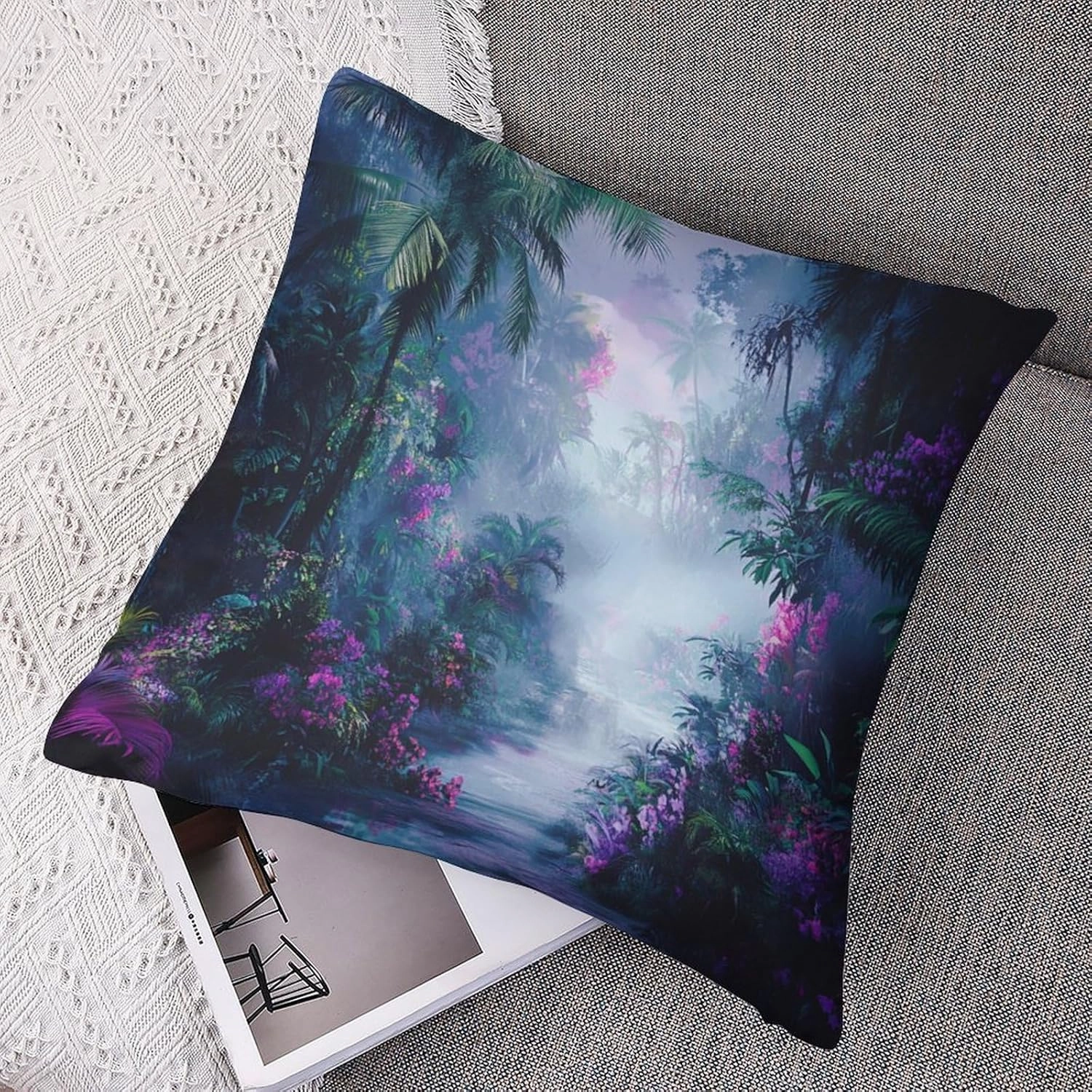 2 Packs Misty Forest Scenery Throw Pillow Covers for Living Room, Floral Palm Tree River Path Pillow Covers Cushion Case for Couch Sofa Bed, 20x20 inch