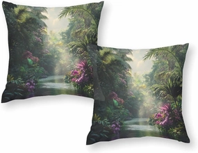 2 Packs Nature Tropical Forest Throw Pillow Covers for Living Room, Stream Floral Palm Trees Pillow Covers Cushion Case for Couch Sofa Bed, 20x20 inch