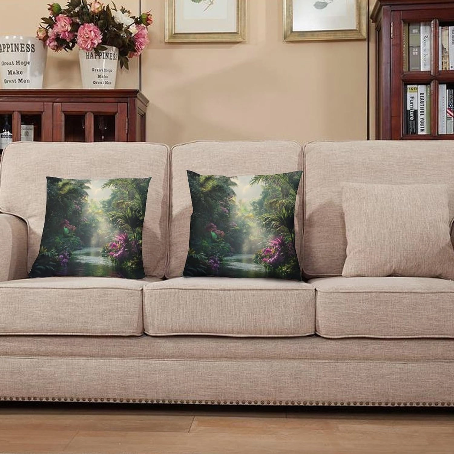 2 Packs Nature Tropical Forest Throw Pillow Covers for Living Room, Stream Floral Palm Trees Pillow Covers Cushion Case for Couch Sofa Bed, 20x20 inch